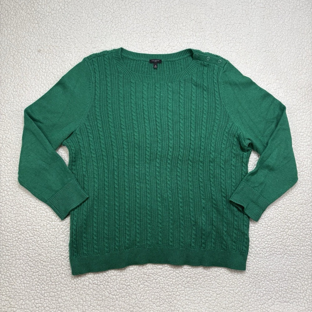 TALBOTS Cable Knit Sweater Green Pullover Plus Size 2X Classic Holiday Cotton